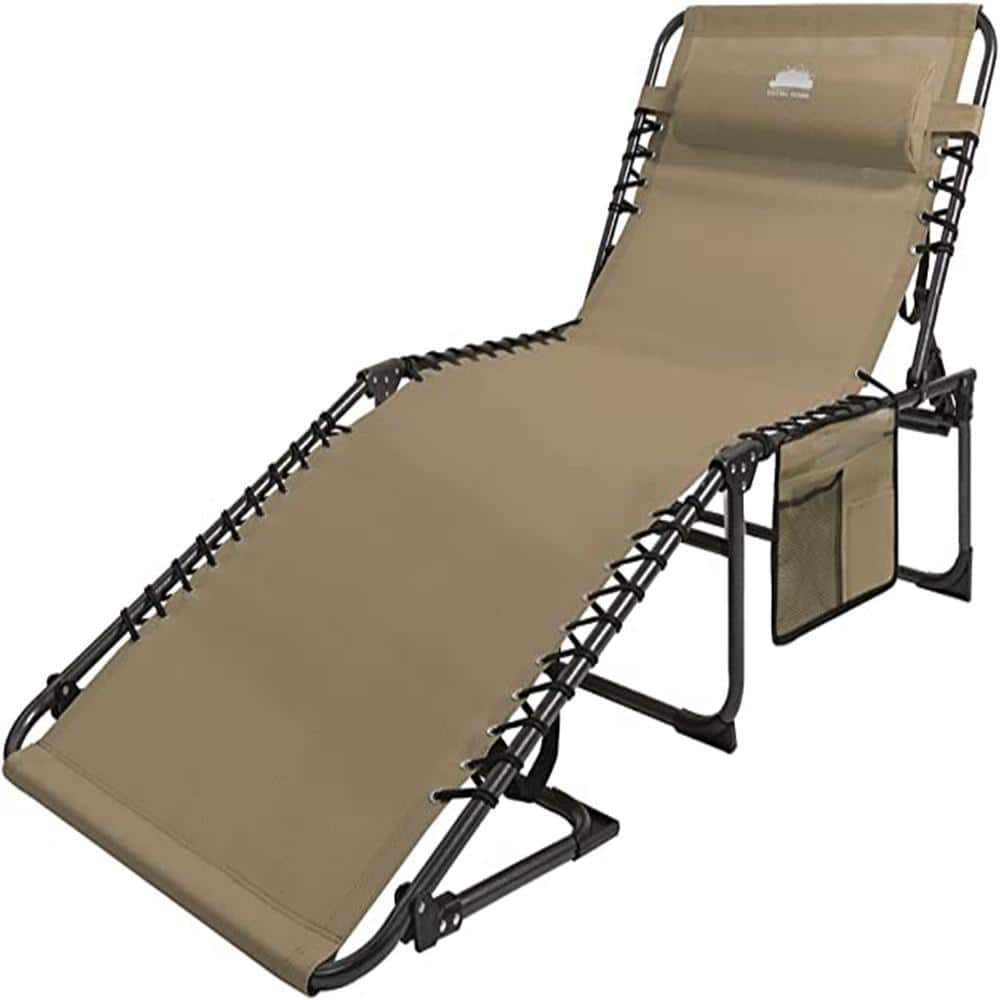 Folding Beige Chaise Lounge Chair with Pillow and Storage Bag in Black Fram