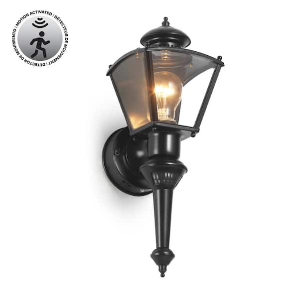 Heath Zenith Charleston Black 150-Degree Farmhouse Outdoor 1-Light Wall Sconce with Clear Glass Shade