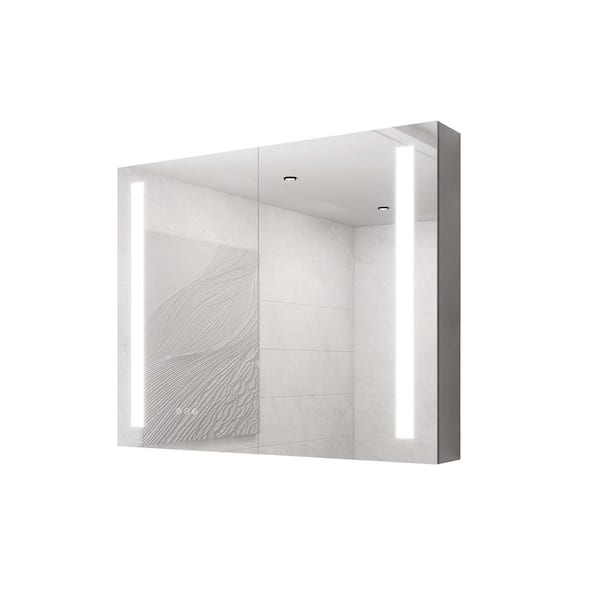 Unbranded 36 in. W x 30 in. H Rectangular Silver Aluminum Lighted Double Door Recessed/Surface Mount Medicine Cabinet with Mirror