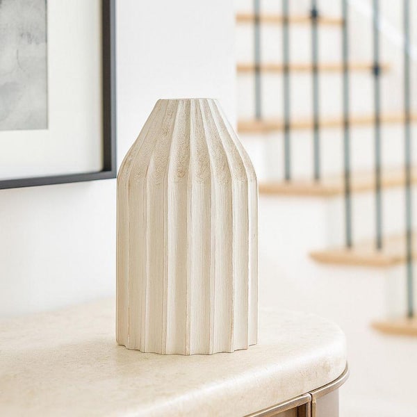 10" White Decorative Wood Geometric Vase