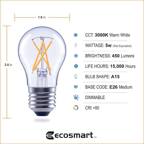 EcoSmart 40-Watt Equivalent A15 Dimmable ENERGY STAR Clear Glass Filament Vintage Edison LED Light Bulb Bright White (3-Pack)
