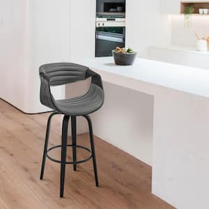 Arya 26 in. Counter Height High Back Swivel Stool in Grey Faux Leather and Black Wood