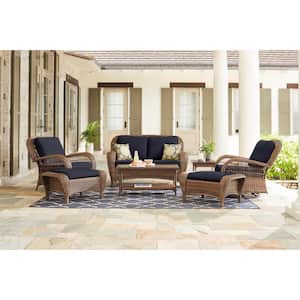 Beacon Park Brown Wicker Outdoor Patio Loveseat with CushionGuard Midnight Navy Blue Cushions