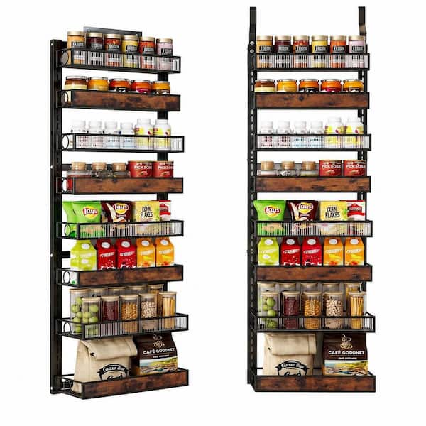 8-Tier Black Pantry Door Organizer Spice Rack with Adjustable Baskets for Wall Mount or Hanging Storage