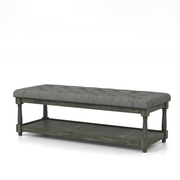 Furniture of America Gavinato Farmhouse Gray Tufted Upholstered Bench With Shelf
