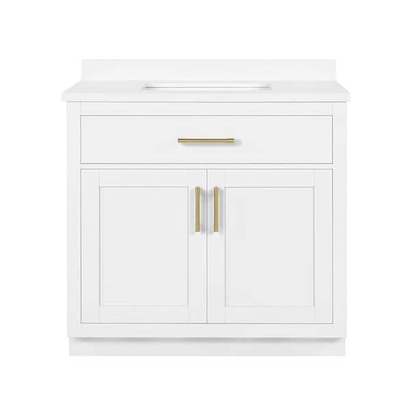 Bailey 36 in. Freestanding White Bath Vanity with White Quartz Top and Brushed Gold Hardware