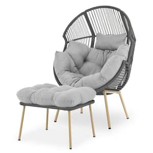 35 in. W Oversized Gray Wicker Egg Chair Patio Egg Lounge Chair with Gray Cushions and Ottomans