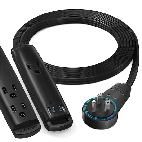 MAXIMM 6 ft. 16/3 Light Duty Indoor Extension Cord 360° Rotating Flat Plug 2-Sided with USB, Black