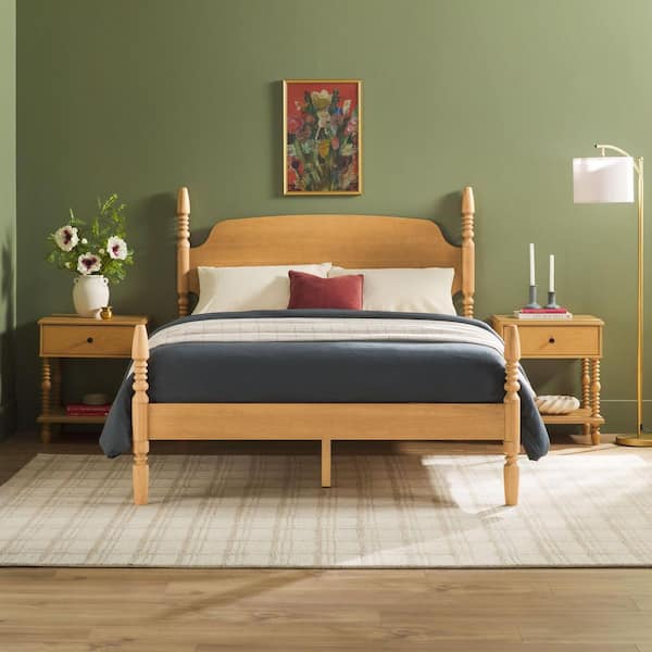 Modern Farmhouse Easy Assembly 3-Piece Natural Solid Wood 1-drawer Nightstands and Queen Bed Bedroom Set