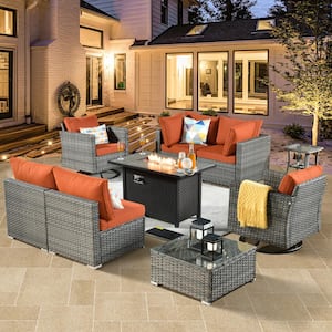 Daffodil H Gray 9-Piece Wicker Patio Fire Pit Conversation Sofa Set with Swivel Rocking Chairs and Orange Red Cushions