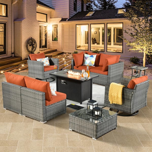 weaxty W Daffodil H Gray 9-Piece Wicker Patio Fire Pit Conversation Sofa Set with Swivel Rocking Chairs and Orange Red Cushions