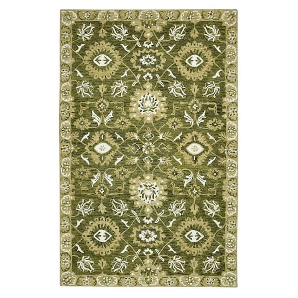 8 ft. x 10 ft. Green Ivory and Brown Wool Floral Medallion Hand Hooked Area Rug