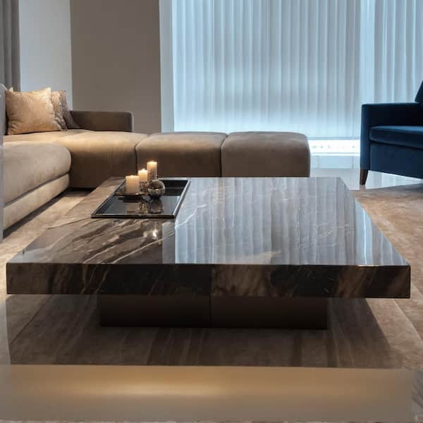 JASIWAY Black 39.37 in. Square Rock Plate Stone Top Coffee Table