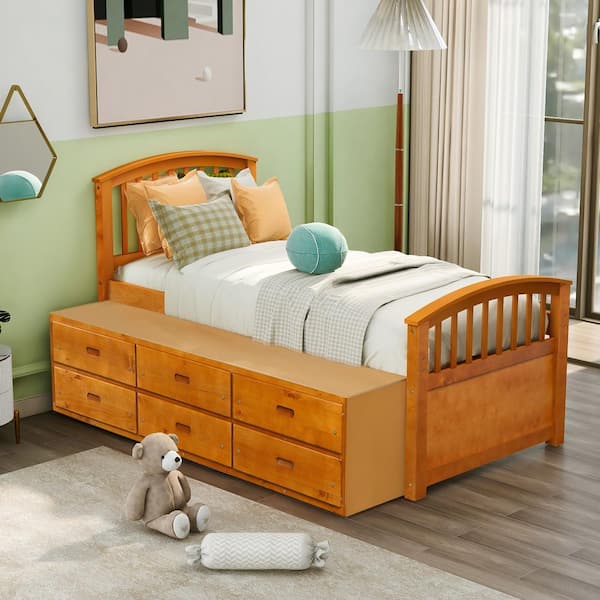 Harper & Bright Designs Oak Twin Size Platform Bed with 6-Drawers