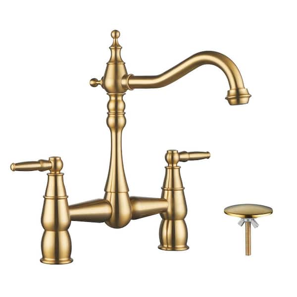 Double-Handle Bridge Kitchen Faucet Deck-Mount with Sink Hole Cover in Brushed Gold