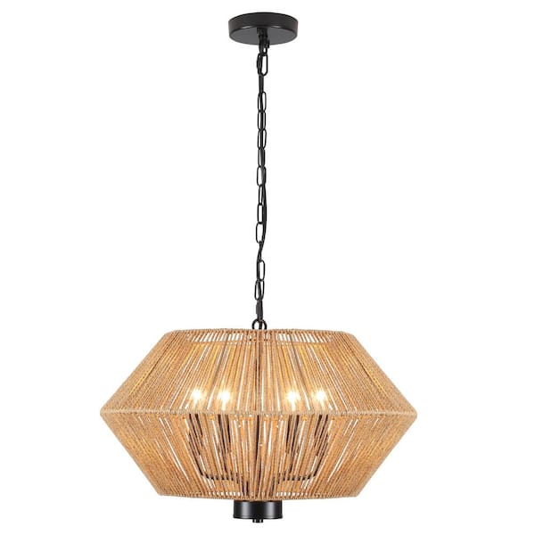 ZJVAIVE 4-Light Drum Black and Brown Hanging Linear Chandelier Lighting with Paper Rattan Shaded for Kitchen Island