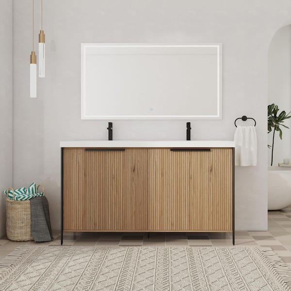 60 in. Freestanding Double Beige Bath Vanity with White Resin Top Unassembled