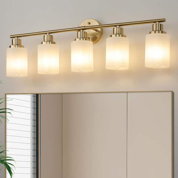 FEKZO 31 in. 5-Light Gold Vanity Light with Frosted Glass Shade LX