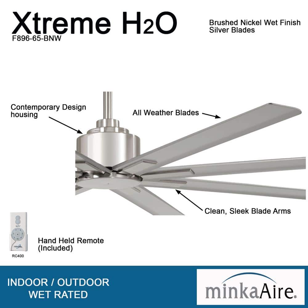 65" Brushed Nickel 8-Blade Outdoor Ceiling Fan with Remote