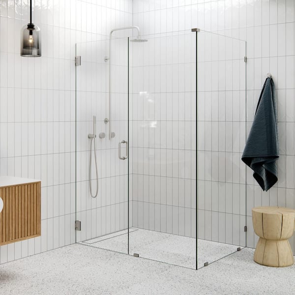 54 in. W x 36 in. D x 78 in. H Pivot Frameless Corner Shower Enclosure in Brushed Nickel Finish with Clear Glass