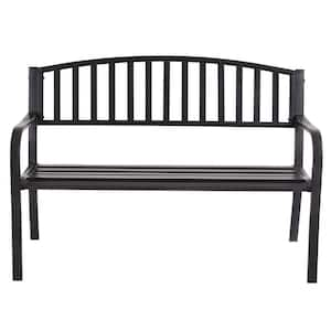 Black Metal Patio Garden Bench Chair with Steel Slats Porch Chair Seat