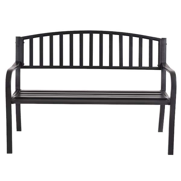 Costway Black Metal Patio Garden Bench Chair with Steel Slats Porch Chair Seat
