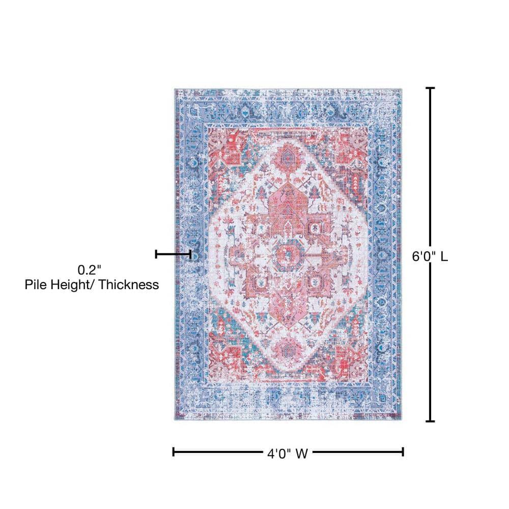 Serapi Rust and Blue Rectangular Washable Synthetic Area Rug 4' x 6'