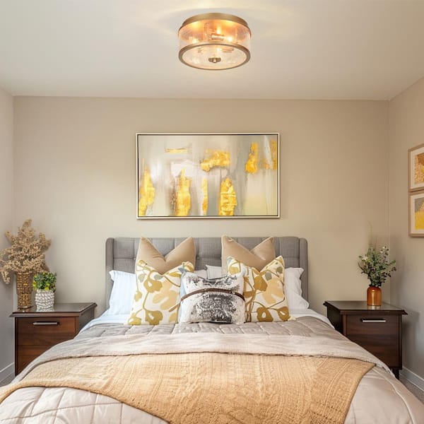 Modern 3-Light Gold Dome Flush Mount Ceiling Light for the Hallway, Bathroom Ceiling Light with Crackle Glass Shade