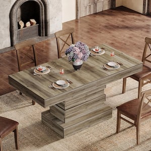 Sealey Farmhouse Grey Wood 55 in. Pedestal Dining Table Seats 4-Rectangular Kitchen Table Rustic Gray Dinner Table