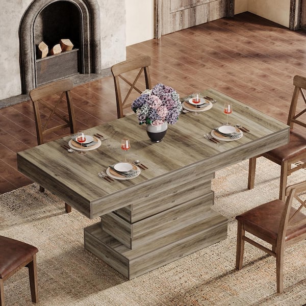 BYBLIGHT Sealey Farmhouse Grey Wood 55 in. Pedestal Dining Table Seats 4-Rectangular Kitchen Table Rustic Gray Dinner Table