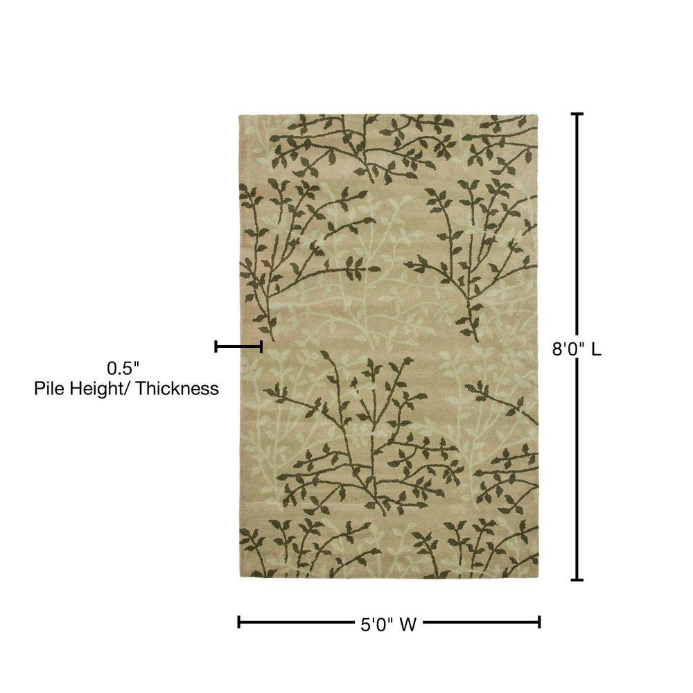Handmade Green Floral Wool and Viscose Area Rug, 5' x 8'