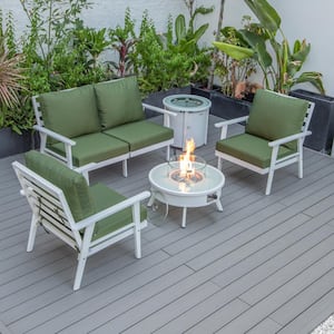 Walbrooke White 5-Piece Aluminum Round Patio Fire Pit Set with Green Cushions and Tank Holder