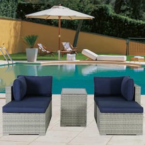 5-Piece Gray Wicker Outdoor Sectional Set with Blue Cushions and Coffee Table