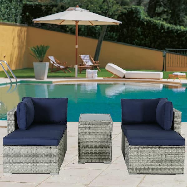 Cesicia 5-Piece Gray Wicker Outdoor Sectional Set with Blue Cushions and Coffee Table