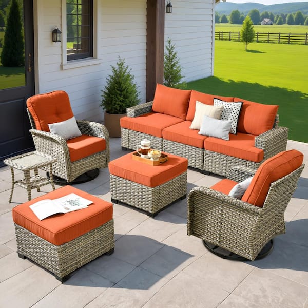 XIZZI Scorpio 8-Piece Wicker Patio Conversation Seating Sofa Set with Orange Red Cushions and Swivel Rocking Chairs