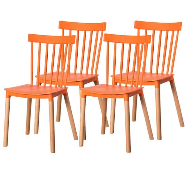 FABULAXE Orange Modern Plastic Dining Chair Windsor Design with Beech Wood Legs (Set of 4)