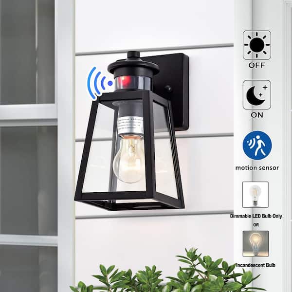 C Cattleya 1 Light Black Motion Sensing Dusk To Dawn Outdoor Wall Lantern Sconce With Clear Tempered Glass Ca1928 W The Home Depot - Motion Sensor Outdoor Wall Light Home Depot