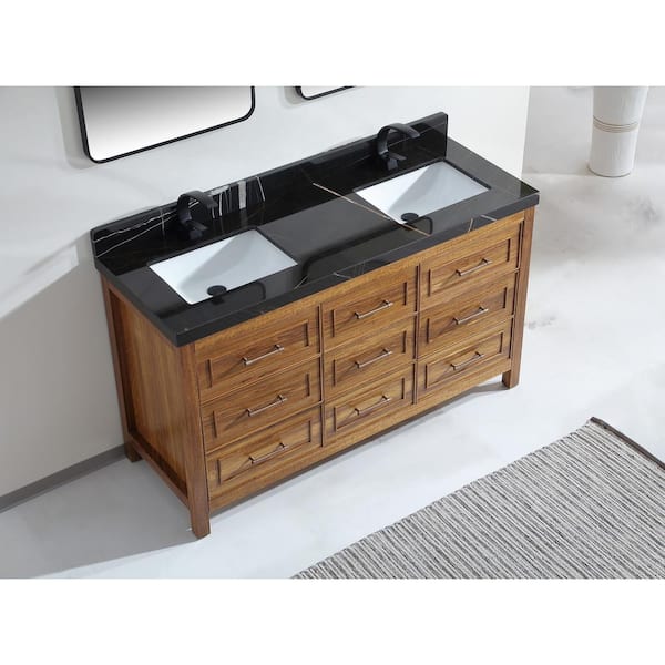 Luxury Ebony Series 60 in. 1 Freestanding Light Brown Finish Bath Vanity with 2 in. Black Natural Marble Top Assembled