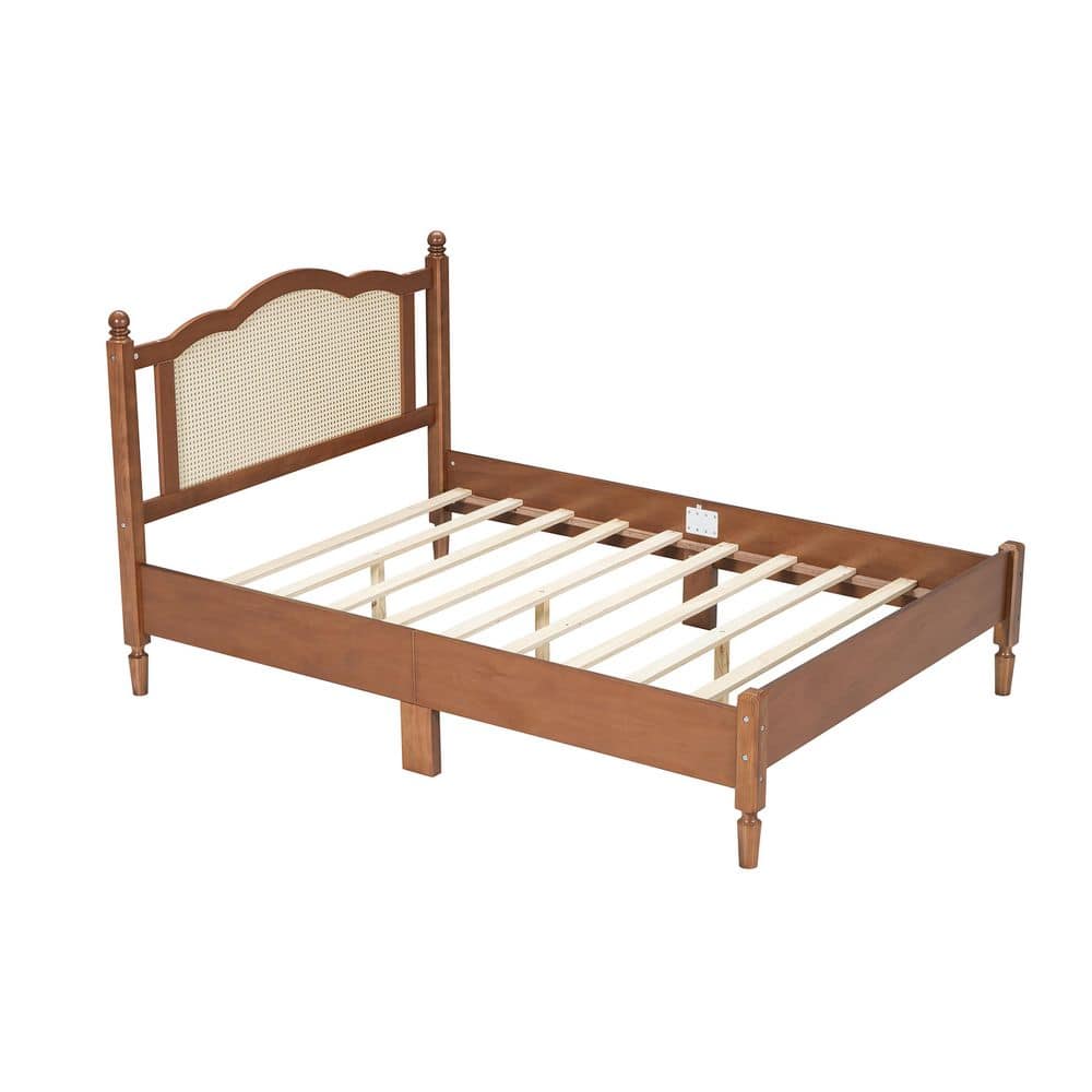 Walnut Brown Wood Frame Full Size Platform Bed with Natural Rattan Headboard Wooden Slat Support, No Box Spring Needed