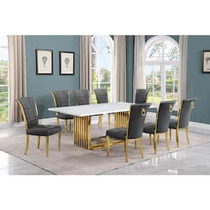 Lisa 9-Piece Rectangle White Marble Top Gold Stainless Steel Dining Set With 8-Dark Grey Velvet Gold Iron Leg Chairs