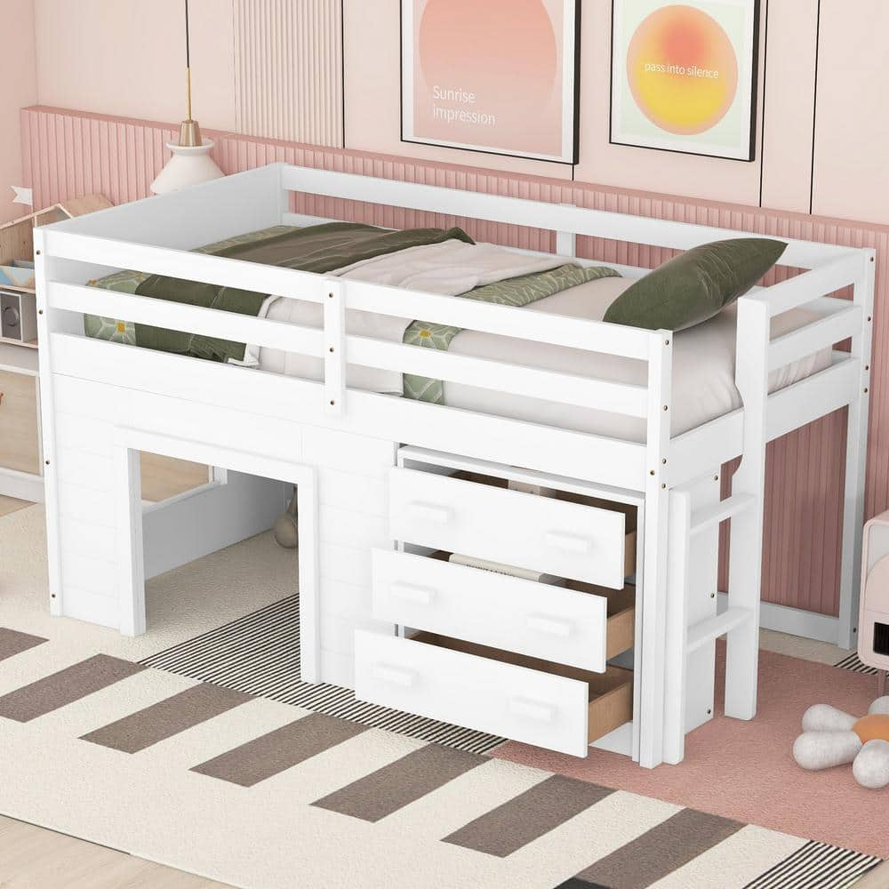 URTR Modern White Twin Size Loft Bed with Cabinet and Shelf, Wood Loft ...