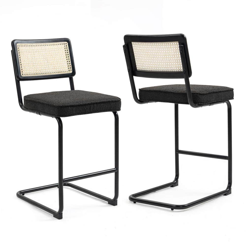Ayers Black Boucle Fabric and Steel Counter Stool with Rattan Backrest