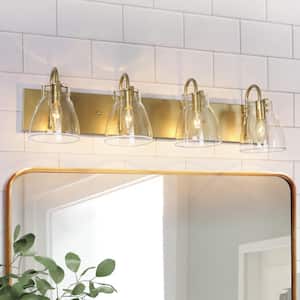 Gold Vanity Light 4-Light Modern Gold Bathroom Wall Light Linear Mirror Wall Sconce with Clear Bell Glass