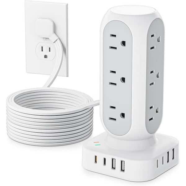 Lukyamzn 12-Outlet Flat Plug Power Strip Tower Surge Protector Tower with 8 USB Ports and 10 ft. Extension Cord in White