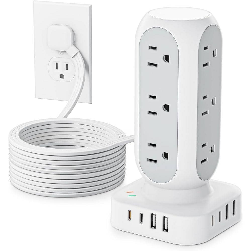 White 12-Outlet Power Strip Tower with 10 ft. Cord