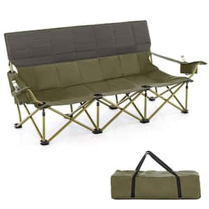3-Person Folding Camping Chair with 2-Cup Holders Cotton Padding and Storage Bag-Green