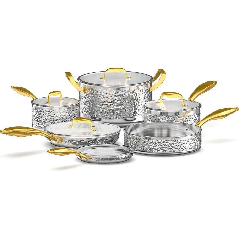 JFVKAF 10-Piece Hammered Stainless Steel Cookware Set Non-Toxic