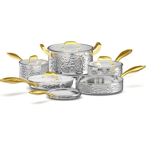 10-Piece Hammered Stainless Steel Cookware Set Non-Toxic Dishwasher Safe Triple-Layer Clad Even Heat