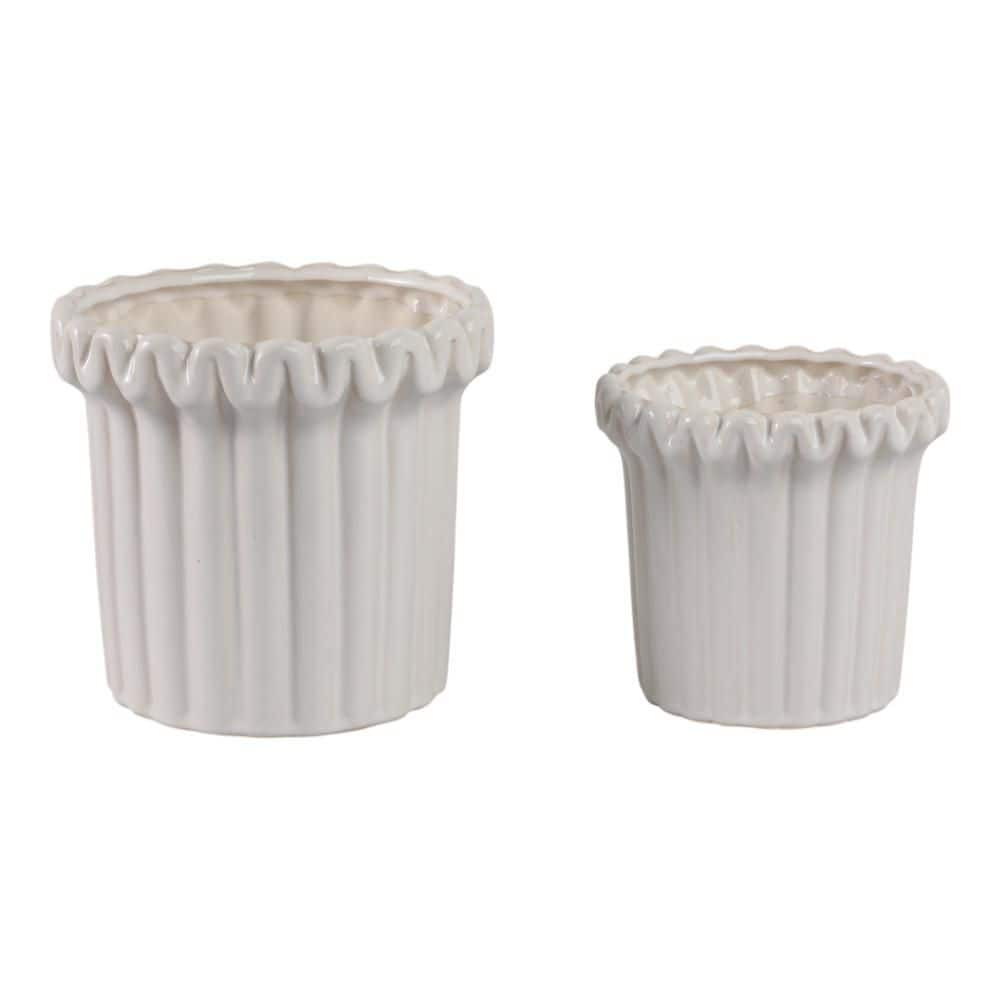 Liv & Skye 7 in. and 9 in. Ivory Ceramic Round Fluted Decorative Pots (Set of 2) 21666-01 - The Home Depot