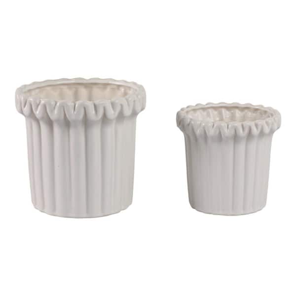 7 in. and 9 in. Ivory Ceramic Round Fluted Decorative Pots (Set of 2)